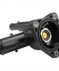 Top Tier Coolant Thermostat Housing Assembly Bolt On Fit Precision Machined, black plastic, detailed view with thermostat component.