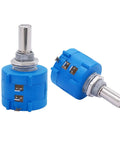 Two Pack 20K Ohm 10 Turn Rotary Wirewound Potentiometers With A03 Knobs Model 3590S 2 203L, shown front and side view