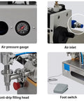 Air pressure gauge, air inlet, anti-drip filling head, and foot switch on Built Like A Tank Horizontal Pneumatic Liquid Paste Filling Machine.
