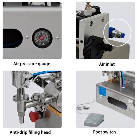 Air pressure gauge, air inlet, anti-drip filling head, and foot switch on Built Like A Tank Horizontal Pneumatic Liquid Paste Filling Machine.