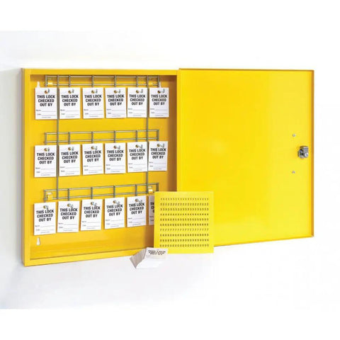 Lockout Tagout Cabinet Kit For Padlocks, LOTO Control Center open with yellow wall-mount design, showing key and tag storage.