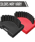 Thin Wall Deep Impact Socket Set With One Half Inch Drive And Three Inch Extension Includes SAE Sockets From Three Quarters To One And One Sixteenth Inch And Metric Seventeen To Twenty Three Millimeters All In Durable Chrome Moly Alloy in black and red cases