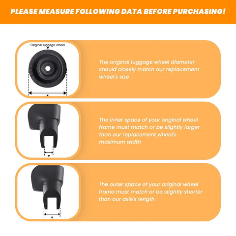 Instructions for measuring luggage wheel dimensions for 2 Pack Perforated 360 Degree Swivel Luggage Wheels Casters Replacement