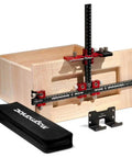 Upgraded Cabinet Hardware Jig Featuring Micro Adjustment Slider For Dead On Drawer Pull Template Alignment No Fuss Drill Bit Storage, aluminum build.