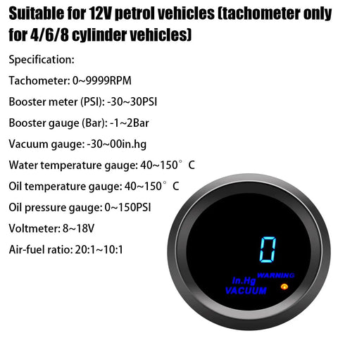 Two Inch Car Digital Vacuum Gauge Kit With Blue LED Display Easy Install Universal Meter For 12V Gasoline Engines Boost And Vacuum Readings 52mm Dial Gauge For Engine Diagnostics, black round gauge