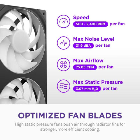 Keep Your Rig Ice Cold With This Dope 240MM AIO CPU Cooler Featuring Fast RGB Lighting Super Quiet Operation Smooth Motherboard Hookup And Sleek Black Finish For Effortless Gaming Upgrades That Never Break A Sweat - fan specifications, airflow, noise level, static pressure details.
