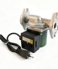No Fuss Direct Swap One Eighth Horsepower Stainless Steel Cartridge Circulating Pump Replacement For Solar Heating And Domestic Water Lines 115V with a power cord.