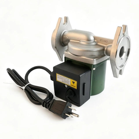 No Fuss Direct Swap One Eighth Horsepower Stainless Steel Cartridge Circulating Pump Replacement For Solar Heating And Domestic Water Lines 115V with a power cord.