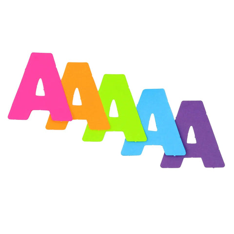Neon Poster Letters Set 4 Inch 190 Pieces A To Z, 0 To 9 And Symbols showing colorful letter 'A' samples.