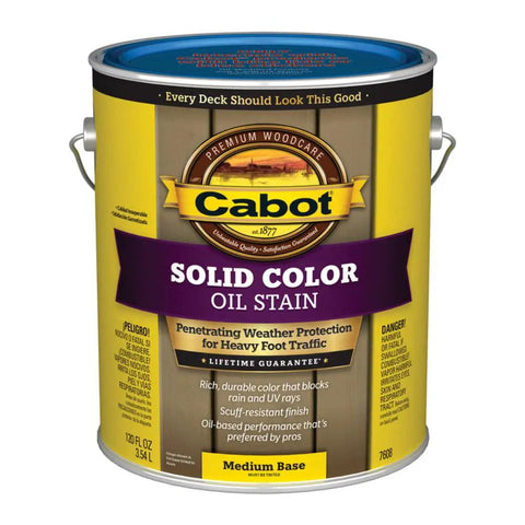 Pro Grade Tintable Oil Based Deck Stain Medium Base Four Pack One Gallon Cans Solid Wood Tone in a can for outdoor wood protection.