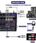 Schematic of Lit 4 Channel Karaoke Mixer With Dual UHF Wireless Mics Up To 329 Feet, Bluetooth Ready, connections setup