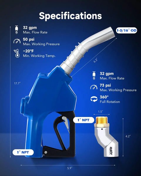 Automatic Fuel Nozzle Kit With 360 Degree Hose Swivel And Auto Shut Off, 1 Inch NPT Gasoline Diesel Kerosene Refueling Nozzle, specifications displayed.