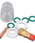 Top Tier 9 Piece TIG Welding Torch Kit With Collet Gas Lens Glass Cup Gasket O Ring For WP 17 18 26 Silly Brass Consumables Steel components including gas lens and O rings.
