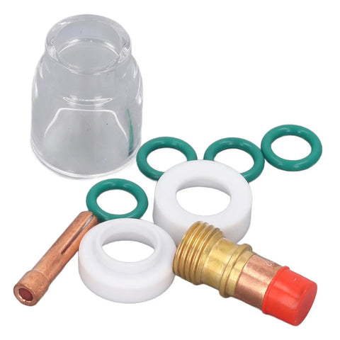 Top Tier 9 Piece TIG Welding Torch Kit With Collet Gas Lens Glass Cup Gasket O Ring For WP 17 18 26 Silly Brass Consumables Steel components including gas lens and O rings.