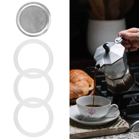 Replacement Filter And Three Silicone Gasket Seals For Aluminum Moka Pot And Stovetop Espresso Makers Included Stainless Steel