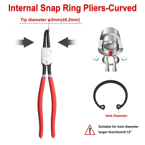 Pro Grade 13 Inch Snap Ring Pliers For Internal Retaining Rings With 90 Degree Bent Jaws 0.12 Inch Tip Diameter Carbon Steel Circlip Pliers