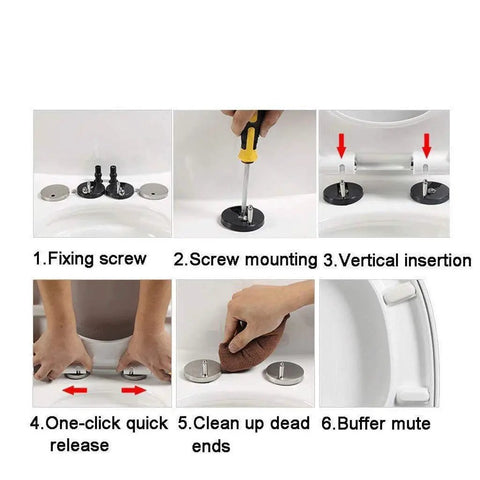 Upgrade Your Restroom With This Smooth Quick Release Round Wooden Toilet Seat Featuring A Fresh Drip Art Print And Ultra Comfy Cushioned Seating For Daily Chill Sessions installation steps with tools and parts shown.