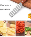 Front view of YuanYouTong stainless steel crinkle cutter knife with wooden handle for vegetables.