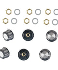 Six Pack Rotary Switch With Knurled 6mm Shaft 1 Pole 11 Position 12 Pin 10mm Thread 20mm Shaft Length Metal And Plastic Two Point Two Inch Size Pack Of Six components including knobs and washers