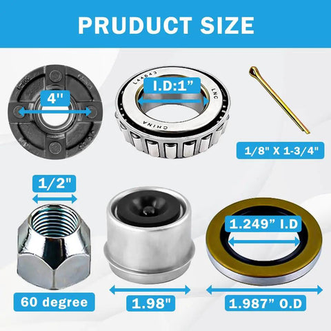 Dimensions of Four Lug Trailer Hub Kit For 2000 Lb Axles Fits One Inch And One Sixteenth Inch Spindles Carbon Steel With L44643 Bearings