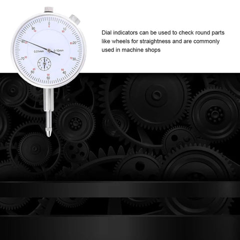 High Sensitivity Dial Indicator Gauge 0 to 10mm Range 0.01mm Accuracy, All Metal Construction on gears background