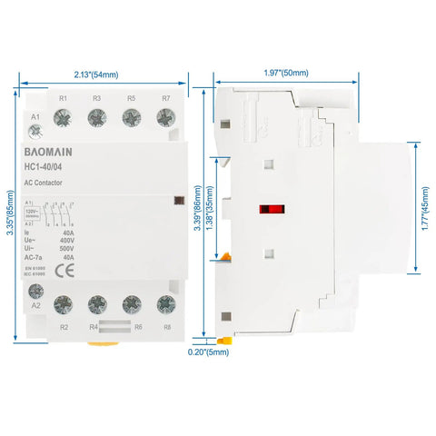4 Pole Modular Contactor 120V AC 40A Heavy-Duty With 4NC Normally Closed Contacts, DIN Rail Mount, front and side view