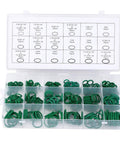 270-piece nitrile O-ring sealing kit in a clear storage box with green rings (front view)