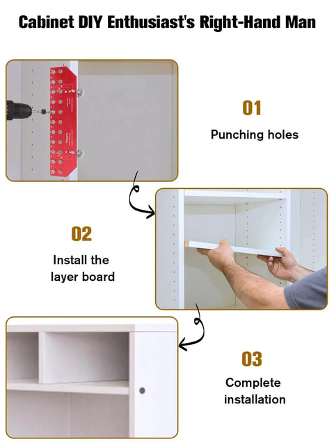 All-In-One Shelf Pin Drilling Jig With 11 Holes, Aluminum Alloy Self-Contained Clamp in use for cabinet installation steps