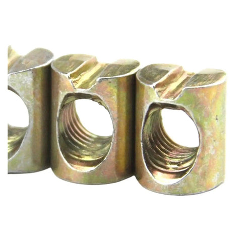 Heavy Duty Barrel Nuts and M6 M8 Cross Dowel Bolts Set for Furniture Assembly close-up of slotted zinc plated nuts