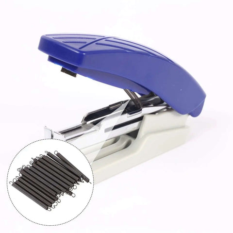 Premium 20PC Small Extension Springs With Hook Ends For Fence Gate Latch Repair, Home Maintenance Tools, And DIY Hardware Projects Using Durable Stainless Steel. 20pc stainless steel springs with hook ends, shown with a blue stapler