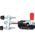 Dual Head Toggle Clamp Workhorse with carbon steel build, push-pull design, shown from side with 90kg clamping force and red handle