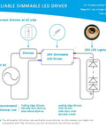 Diagram showing connections for dimmable LED driver with dimmer, illustrating setup with 120V AC to 24V LED lights.