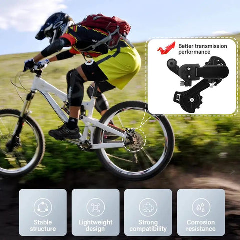Cyclist on mountain bike with Solid Aluminum Rear Derailleur For Mountain And Road Bikes Direct Mount Hanger Fits 6/7/8/9/10 Speed Systems Smooth Shifting And Ride Ready Durable Bike Repair Accessory For Everyday Rides graphic overlay.