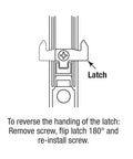 Diagram of reversing a latch on Sliding Door Flush Handle Set In Black Diecast For Replacement Of Flush Mount Hook Style Handles On Patio Sliding Glass Doors.