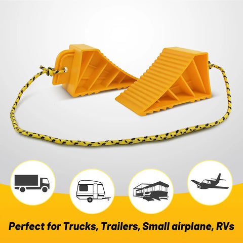 Two Pair Wheel Chocks With Rope And Easy Carry Handle For Travel Trailers Cars Campers Trucks And RVs Non Slip Bright Yellow