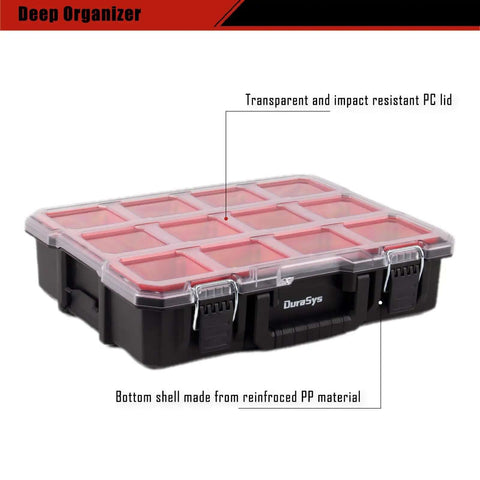 Deep Tool Box Organizer For Small Parts, Heavy Duty Storage Chest With Removable Inner Cups, interlocking sides, metal buckles
