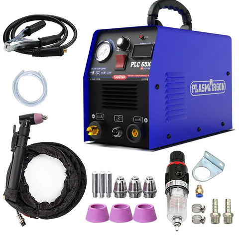 65 Amp Plasma Cutter Workhorse With Dual Voltage 110V 220V IGBT Inverter Pro Grade Cutting Machine shown with accessories