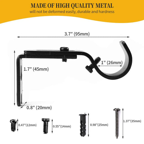 Heavy Duty Adjustable Curtain Rod Brackets Set of 2 in Black for 1 Inch Rods with dimensions and installation hardware shown.