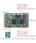 2 Channel Modbus Temperature Sensor Module With DS18B20 RS485 Adapter Board showing connections and channels.
