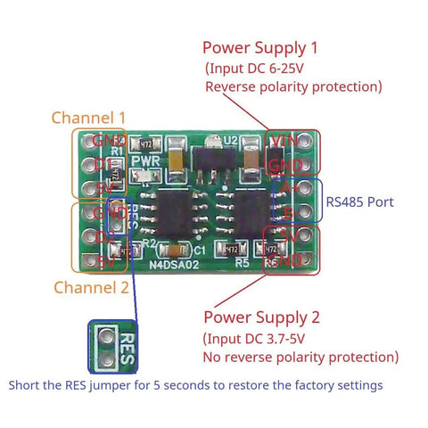 2 Channel Modbus Temperature Sensor Module With DS18B20 RS485 Adapter Board showing connections and channels.