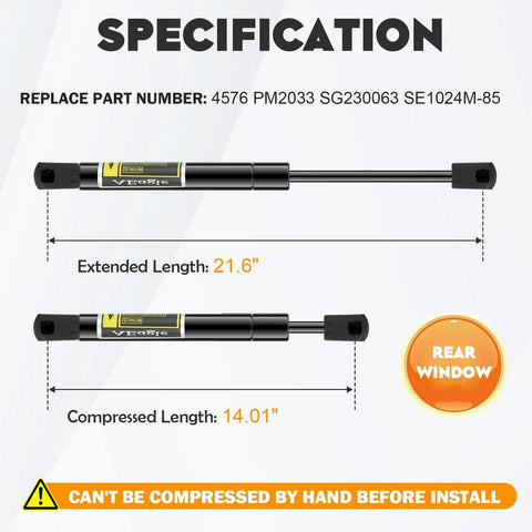 Rear Window Lift Supports For 2002-2009 Chevy Trailblazer 2002-2009 GMC Envoy 2004-2007 Buick Rainier And 2004-2007 Isuzu Ascender Heavy Duty Gas Struts Plug And Play Easy Install Direct Fit Replacement For Rear Glass Lift specifications with part numbers, extended and compressed lengths.