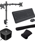 Thunderbolt G4 Dock 120W Bundle Rocks As A Total Game Changer with dual monitor stand, wireless keyboard, mouse, and gel pads.