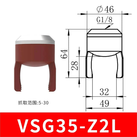 Diagram and image of Flexible Mechanical Arm Gripper With Silicone Soft Fingers And Pneumatic Control Suction Cup Claw VSG35 Z2L