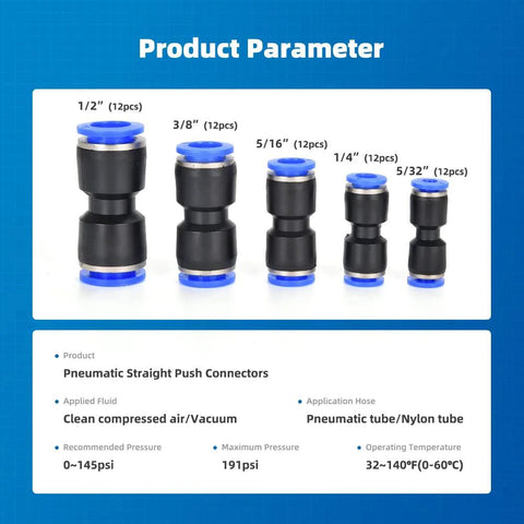 CGELE pneumatic quick-connect air hose fittings kit; five black fittings with blue end caps in sizes 1/2, 3/8, 5/16, 1/4, 5/32 in.