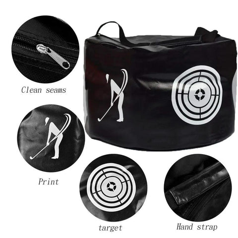 On The Go Golf Swing Trainer Bag For Quick Practice Sessions Power Smash Target Bag In Black With Pattern, nylon build, details shown
