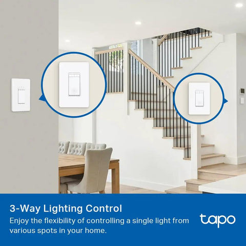Smart 3 Way Dimmer Switch Kit With Matter Compatible, Energy Monitoring, installed on dining room wall next to staircase