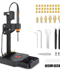 Vertical heat-set insert tool press with 90W soldering iron; includes M2–M8 tips and 30 brass threaded inserts for 3D-printed parts, plus hex keys
