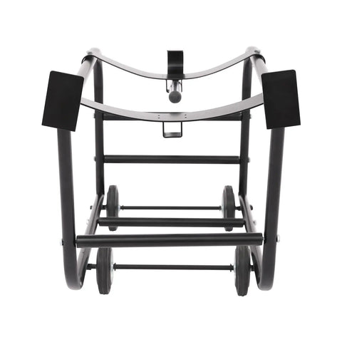 Heavy Duty Steel Drum Cradle Cart With Smooth Rolling Casters And Retractable Dump Bar For 600 Lb 55 Gallon Drums rear view showing wheels
