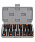 Solid Core S2 Steel 9 Piece Extended Hex Socket Bit Set For Impact Driver Fits Power Drill Rusted Bolts With Heavy Duty Grip And High Torque Performance For Serious DIY Jobs. open case with S2 steel hex socket bits