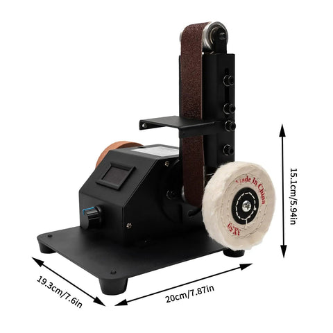 Heavy Hitter Mini Belt Sander With 350W All Copper Motor And 10 Included Abrasive Belts Speed Adjustable Bench Polisher For Knives Wood Metal Acrylic Stone Workshop, shown from side with abrasive belt.